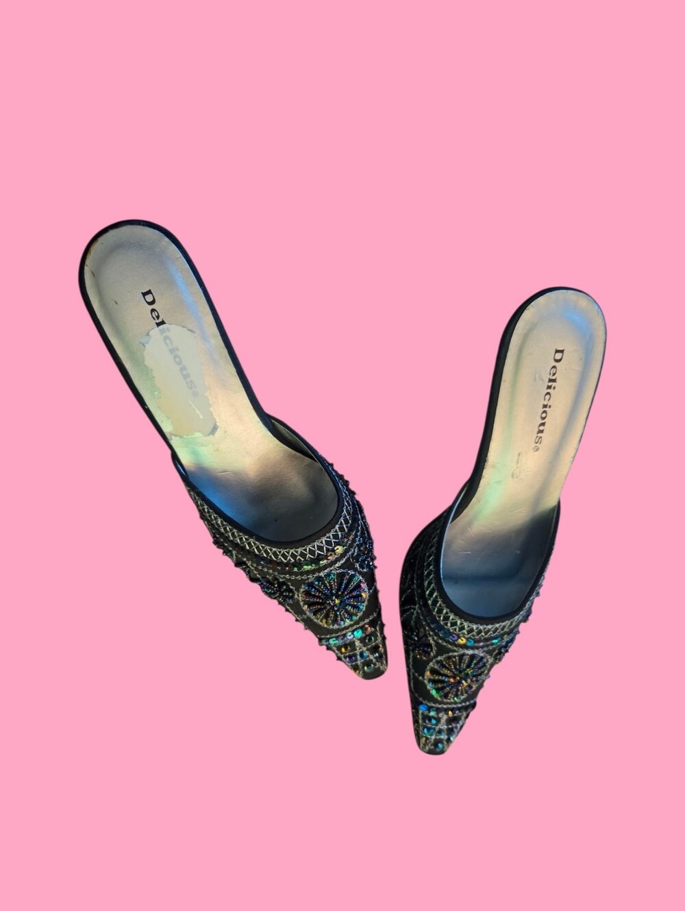 Delicious Black Beaded Pointed Mules with Multicolor Embellishment
